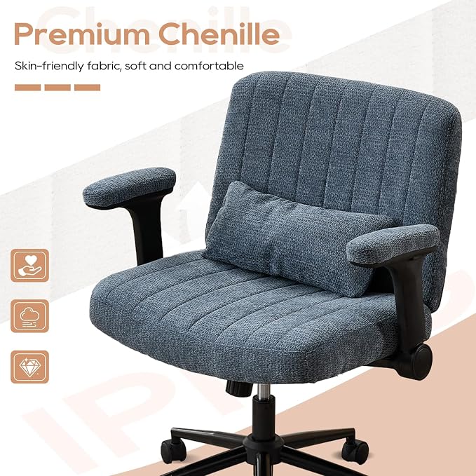 IPKIG Criss Cross Chair with Adjustable Flip-up Arms, Vanity Chair with Wheels, Comfy Desk Chair with Lumbar Pillow Swivel Wide Office Chair for Home Office, Bedroom, Chenille, Blue