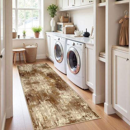 RELEANY Washable Area Rugs 2'x8' Non-Slip Modern Abstract Soft for Living Room Entryway Bedroom Kitchen, Print Pattern, Brown Tan Beige Coffee