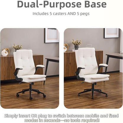 VINGLI Comfy White Leather Office Desk Chair, High-Back Support Ergonomic Computer Task Gaming Chair,with Removable wheels,360° Swivel,Adjustable Height,Flip-Up Arms,for Adults,Teen,Vanity,Home Office