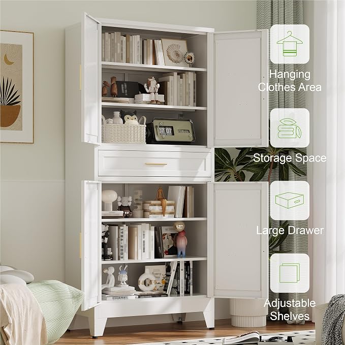 Baborokic 71" Tall Metal Storage Cabinet with Adjustable Shelves,Farmhouse Kitchen Pantry Cabinet with 2 Barn Doors and Drawer,Large Storage Cabinets for Dining Room,Office,Kitchen(White)