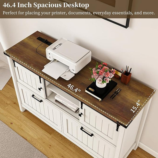2 Drawer Lateral File Cabinet with Outlets & Charging Station for Files Letter/FC/A4, Farmhouse Filing Cabinets for Home Office Storage, Wooden Print Stand, 46.4" Wide, Antique White
