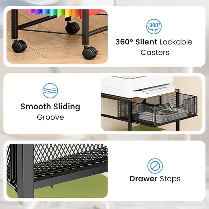 Cawukege 3 Tier Printer Stand, Mobile Table with Wheels, Printer Shelf Rolling Cart with Storage Desk Organizer Hanging File for Office Home, Brown
