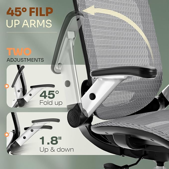 GABRYLLY Ergonomic Office Chair, High Back Home Desk Chair with Headrest, Flip-Up Arms, 90-120° Tilt Lock and Wide Cushion, Big and Tall Mesh Chairs for Man Woman, Grey Task Chair