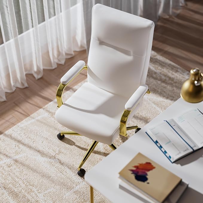 GXJ White and Gold Office Chair with Memory Foam Seat, Computer Desk Chair | 4.9'' Memory Foam Seat and 4.7'' Comfortable Backrest, High Back Leather Executive Chair with Wheels and Arms for Women