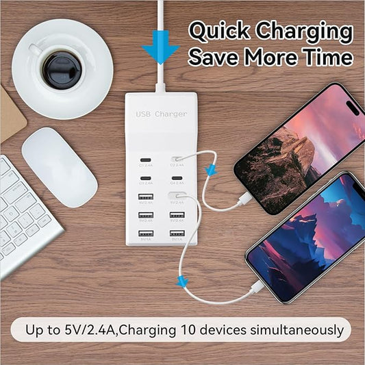 USB Charging Station with 6 USB-A & 4 USB-C Ports, 50W 10A USB Charger Block for Multiple Devices -USB Power Strip with Auto-Detect Technology (2 PCS)