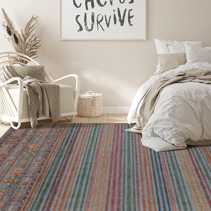 Nakagishi 6X9 Area Rugs Living Room: Washable Large Vintage Rug Neutral Non-Slip Soft Stain Resistant Indoor Carpet for Bedroom Nursery Dining Room Office Playroom - Multi Color