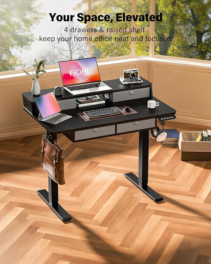 FiCiHi Electric Standing Desk with Four Drawers, 40 x 24 Inch Adjustable Height Sit Stand Desk, C-Clamp Compatible Home Office Desk with Storage Shelf & Monitor Stand Riser, Classical Black