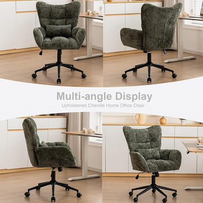 Home Office Desk Chair, Modern Tufted Chenille Vanity Chair, Adjustable Upholstered Swivel Computer Chairs for Bedroom, Living Room，Green