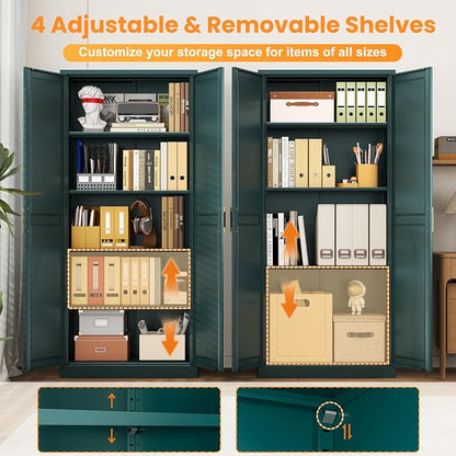 71" Metal Pantry Cabinet,Storage Cabinet with Doors and Shelves | Metal Storage Cabinet,Gold Handles,Adjustable Shelves,Magnetic Doors,Leveling Feet,Anti-tipping,for Kitchen/Garage Green