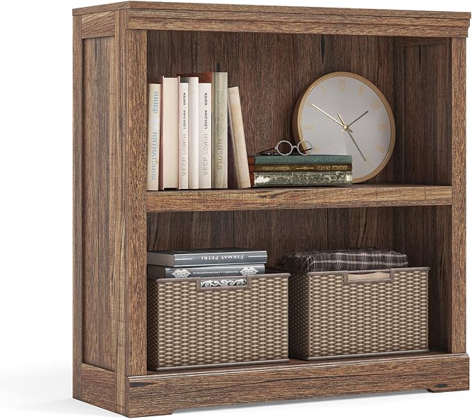 LINSY HOME 2-Tier Bookcase and Bookshelf, Small Wood Display Storage Shelves Farmhouse Bookshelf for Home Office, Living Room, Bed Room - Dark Brown