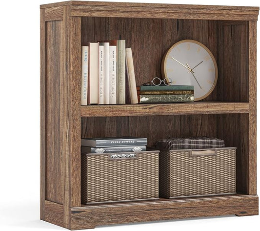 LINSY HOME 2-Tier Bookcase and Bookshelf, Small Wood Display Storage Shelves Farmhouse Bookshelf for Home Office, Living Room, Bed Room - Dark Brown