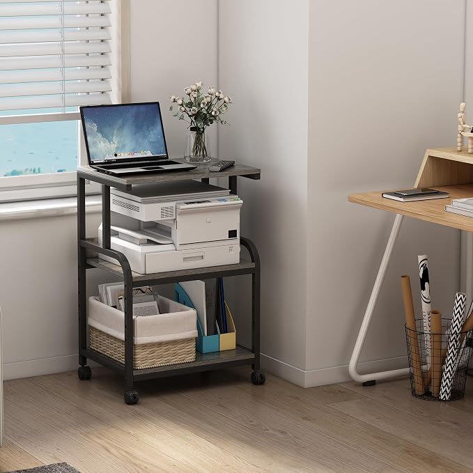 Fannova Printer Stand with Height Adjustable Storage Shelf, 3 Tier Mobile Printer Table with Wheels, Rolling Printer Cart for Home Office Organization, Gray