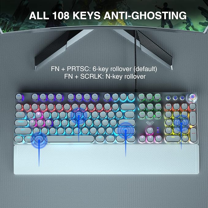 AULA F2088 Typewriter Mechanical Keyboard, White Retro Wired Gaming Keyboard with Blue Switches, Rainbow Backlit, Round Keycaps, Media Knob & Removable Wrist Rest
