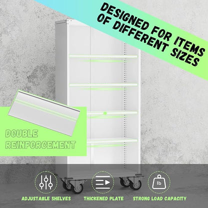 INTERGREAT Metal Storage Cabinet with Wheels, 72" Locking Storage Cabinets with Door and 4 Shelves, Tool Storage Locker on Casters for Home Office, White…