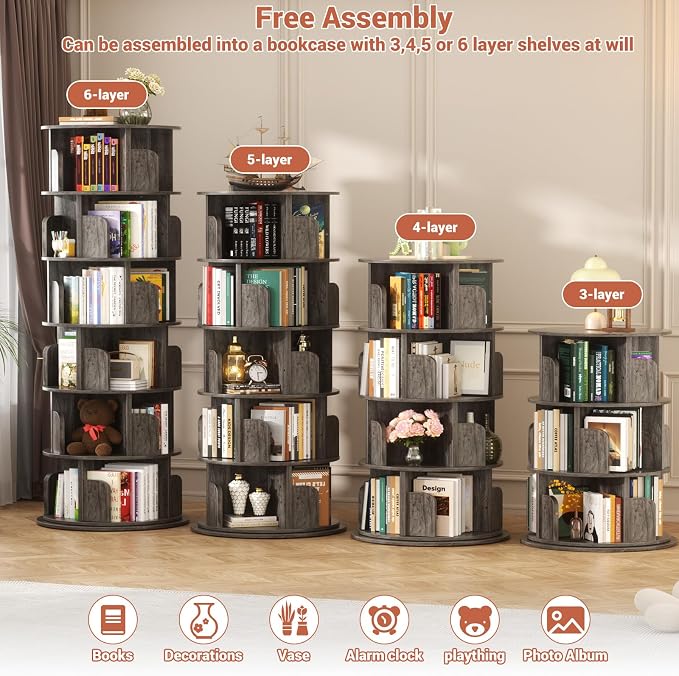 Besiost Rotating Bookshelf Tower, 6 Tier Spinning Bookcase, Revolving 360 Book Shelf Narrow Tall Bookcase, Vertical Turning Round Bookshelf Organizer, Wood Corner Bookshelf for Small Space, Black Oak