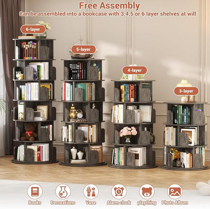 Besiost Rotating Bookshelf Tower, 6 Tier Spinning Bookcase, Revolving 360 Book Shelf Narrow Tall Bookcase, Vertical Turning Round Bookshelf Organizer, Wood Corner Bookshelf for Small Space, Black Oak