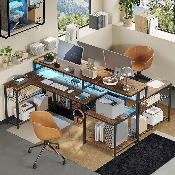 Bestier 71.5 inch Computer Desk with Power Outlets, L Shaped LED Home Office Desk with Long Monitor Stand, Large Corner Desk with Storage Shelf, Cup Holder & Headset Hooks, Modern Simple Table
