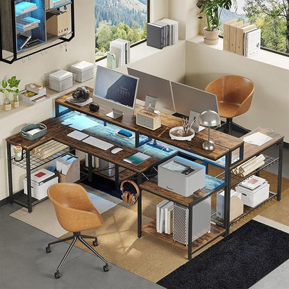Bestier 71.5 inch Computer Desk with Power Outlets, L Shaped LED Home Office Desk with Long Monitor Stand, Large Corner Desk with Storage Shelf, Cup Holder & Headset Hooks, Modern Simple Table