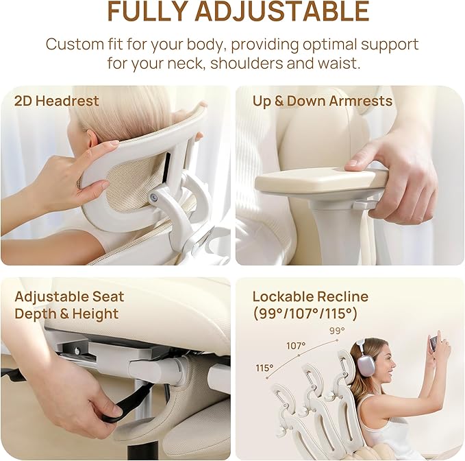 CabLady S1 High Back Ergonomic Mesh Office Chair with Footrest, 300 lbs | 115° Recline Lock, Adjust Seat Depth, 2D Arms, 3D Headrest, Detachable Lumbar Support, Breathable Mesh, BIFMA, Cream
