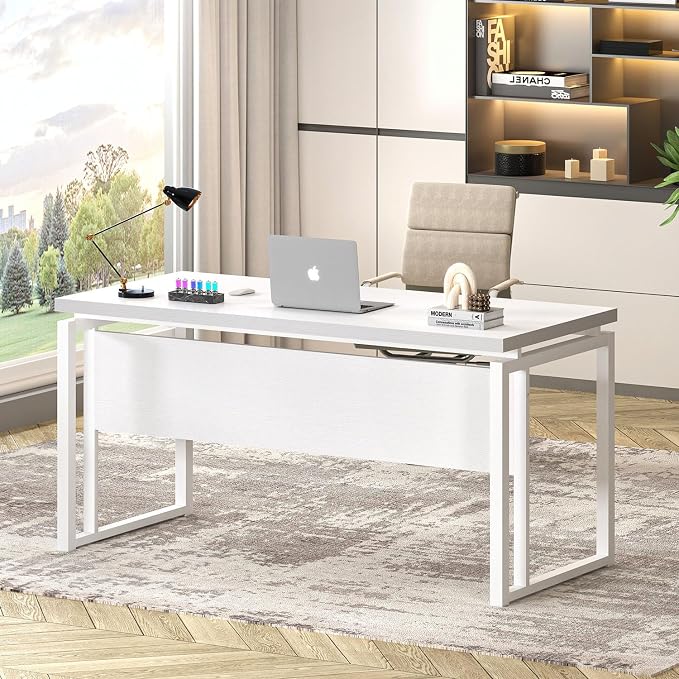 EXCEFUR White Computer Desk, Simple Wood and Metal Home Office Desk, Modern Study Writing Table Workstations for Living Room Bedroom, 53 Inch