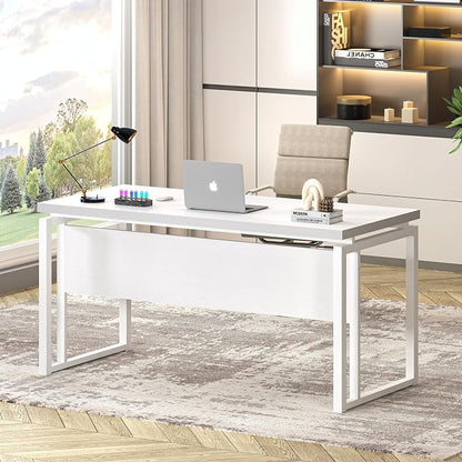 EXCEFUR White Computer Desk, Simple Wood and Metal Home Office Desk, Modern Study Writing Table Workstations for Living Room Bedroom, 53 Inch
