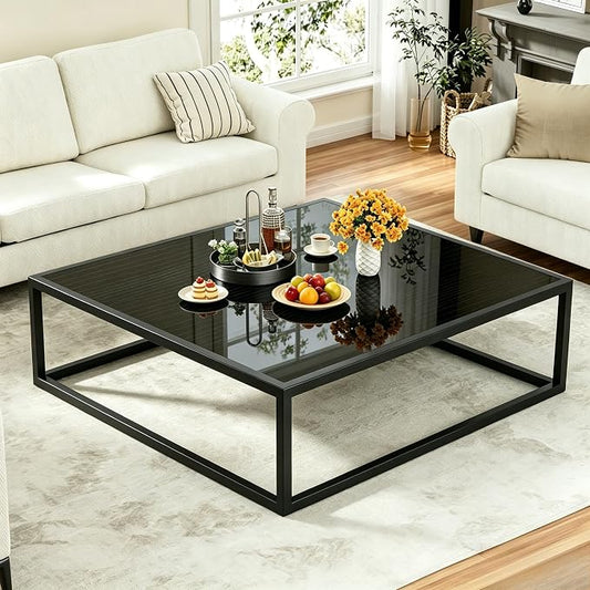 31.5" Square Coffee Table, Mid-Century Modern Black Center Table for Living Room, Floor Table for Sitting on The Floor, Wood Cocktail Tea Contemporary Tables with Metal Frame for Office Apartment Home