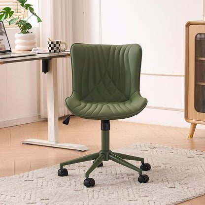 YOUTASTE Green Armless Office Chair, Modern Adjustable Swivel Desk Chair with Wheels, Upholstered PU Leather, Green Metal Legs, Back Support for Home Office, Study, Vanity, Bedroom