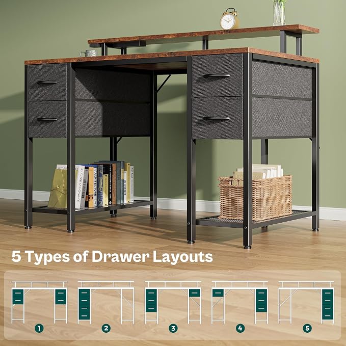Huuger 47 inch Computer Desk with 4 Drawers, Gaming Desk with LED Lights & Power Outlets, Home Office Desk with Large Storage Space for Bedroom, Work from Home, Rustic Brown and Black