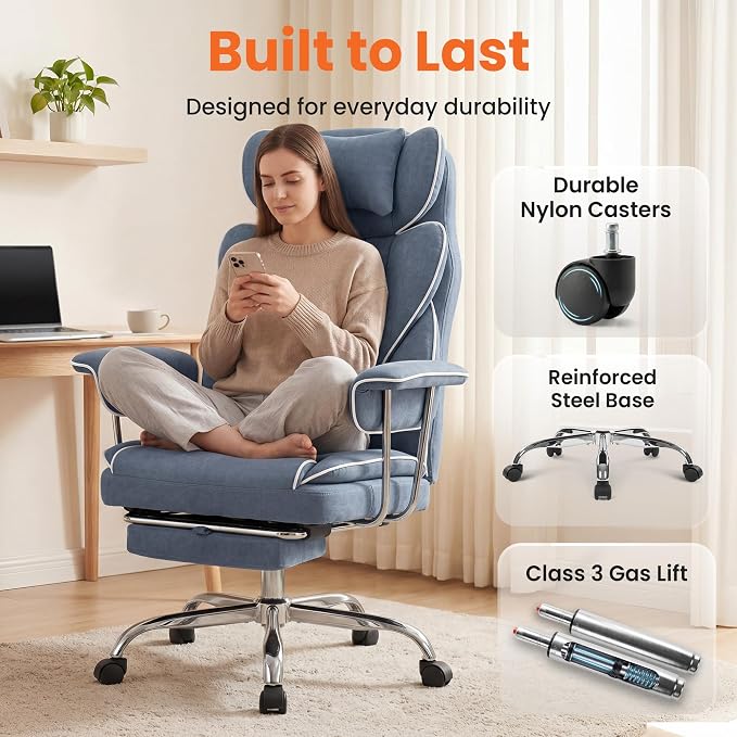 NEO CHAIR Big and Tall Office Chair Gaming Computer Chair High Back Heavy Duty Desk Chai with Lumbar Support Adjustable Recliner Footrest Wide Seat Fabric Executive Home with Wheels (Fabric Blue)