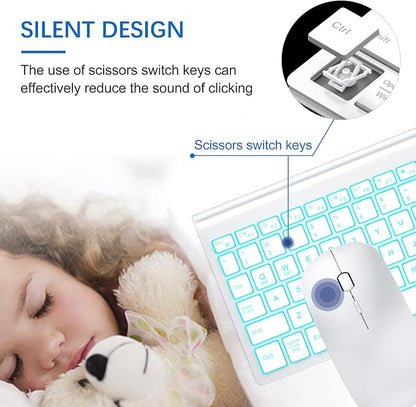 Wireless Backlit Keyboard and Mouse Ultra Slim Combo, TopMate 2.4G Silent Compact 2400DPI Mouse and Scissor Switch Keyboard Set, Batteries Included, for PC/Laptop/Windows/Mac/Gaming - BL Matte White