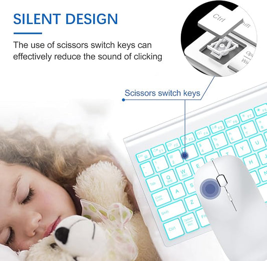 Wireless Backlit Keyboard and Mouse Ultra Slim Combo, TopMate 2.4G Silent Compact 2400DPI Mouse and Scissor Switch Keyboard Set, Batteries Included, for PC/Laptop/Windows/Mac/Gaming - BL Matte White