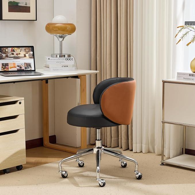 VINGLI Cute Small Swivel Desk Chair Comfy with Wheels,Ergonomic Low-Back Lumbar Support Vanity Nail Tech Rolling Task Stool Chair for Home Office,Height Adjustable,PU Leather Black&Suede Brown