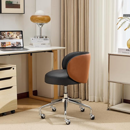 VINGLI Cute Small Swivel Desk Chair Comfy with Wheels,Ergonomic Low-Back Lumbar Support Vanity Nail Tech Rolling Task Stool Chair for Home Office,Height Adjustable,PU Leather Black&Suede Brown