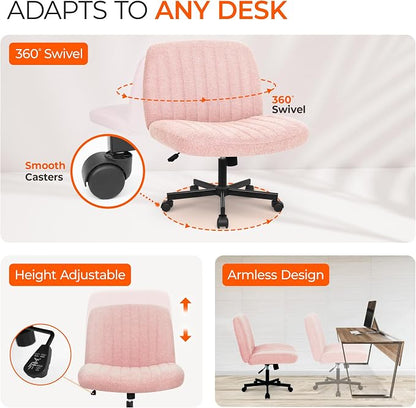 Orange Factory Criss Cross Chair Wheels Wide Cross Legged Office Desk Vanity Chair Comfy Fabric Armless Adjustable Swivel for Home Computer Task (Pink Wheel, Fabric)