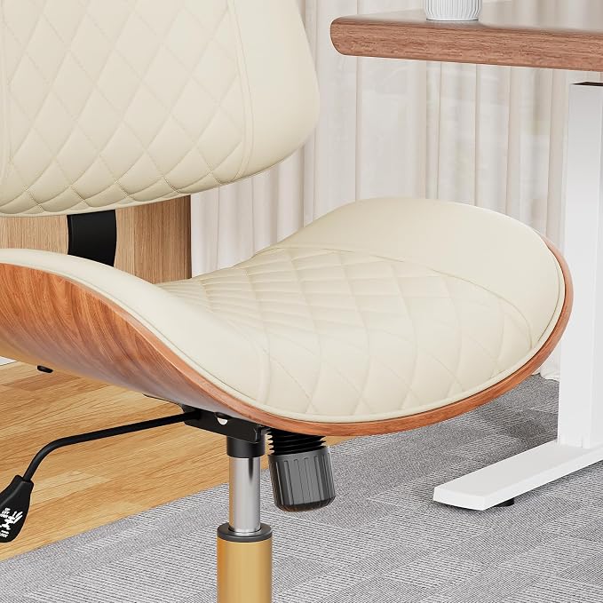 Home Office Desk Chair with Swivel Wheels, Modern PU Leather Armless Office Chair, Small Mid Back Computer Chair for Home Office, Reading Meeting Room (Beige, Gold Wheels)