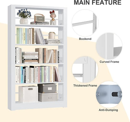 Metal White Bookshelf, 69" Tall Bookshelf with Adjustable Shelves, 5 Shelf Bookcase, Large Bookshelves and Bookcases, Book Shelf Organizer for Home Office, Library, Bedroom, Living Room