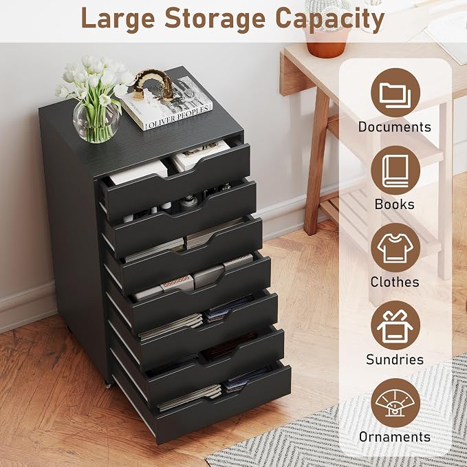 7 Drawer File Cabinet, 34.5" Vertical Storage Drawer Cart, Under Desk Office Organizer, Wooden Printer Stand, Rolling Filing Cabinet for Home Office (Black)
