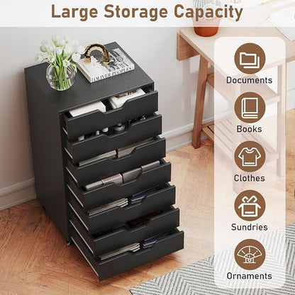 7 Drawer File Cabinet, 34.5" Vertical Storage Drawer Cart, Under Desk Office Organizer, Wooden Printer Stand, Rolling Filing Cabinet for Home Office (Black)