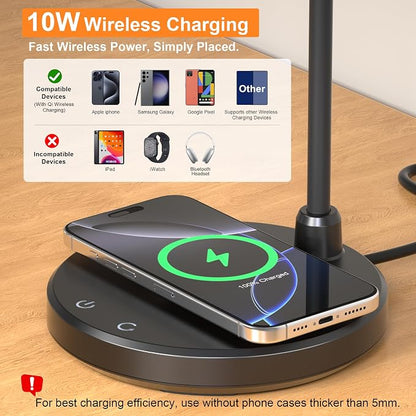 Desk Lamp with Wireless Charger, LED Desk Lamps for Home Office, 800 Lumens, Small Desk Lamp with Pen Holder, Flexible Arm, 3 Modes, Dimming, Touch Lamp for College Dorm Room