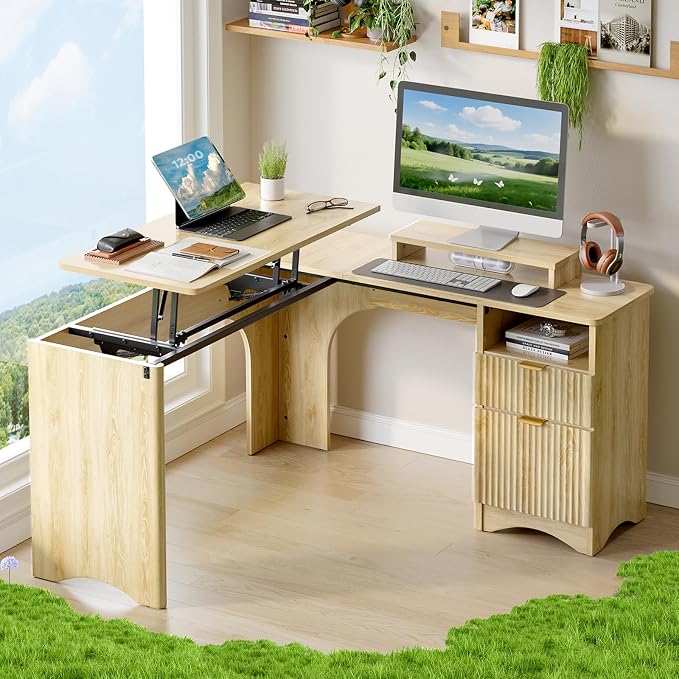 Bestier L Shaped Desk with Lift Desktop, 55 inch Corner Desk with Fluted Panel Deisgn Drawers, Modern Office Desk with File Drawer (Natual Oak, 55'' x 55'' Lift Top)