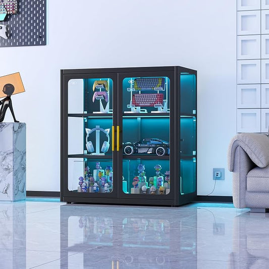 PAOFIN 34" Display Cabinet with Glass Doors, Curio Cabinet with Many Color Lights for Collectibles, Glass Display Case, Bookcase with 2 Shelves, Storage Cabinets, Assembly Required Black