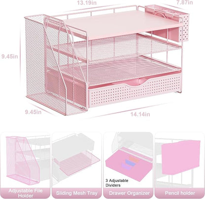gianotter Wood Desk Organizers and Accessories with File Holder, 4-Tier Desk Accessories & Workspace Organizers with Drawer and Pen Holder, Desk Reference Organizer (Pink, 4T with Drawer)
