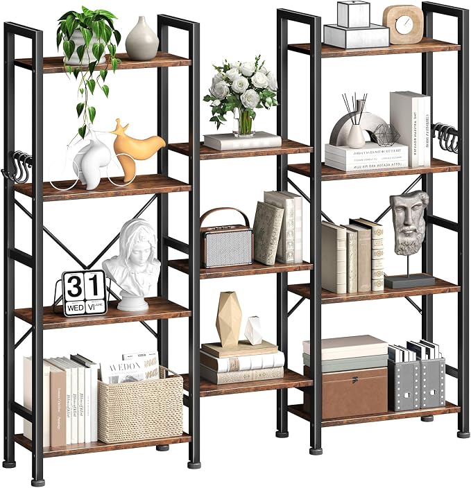 Furologee Triple 4 Tier Bookshelf, Bookcase with 11 Open Display Shelves, Large Book Shelf with 6 Hooks, Rustic Bookshelves Storage Organizer, Decorative Shelving Unit for Living Room, Home Office