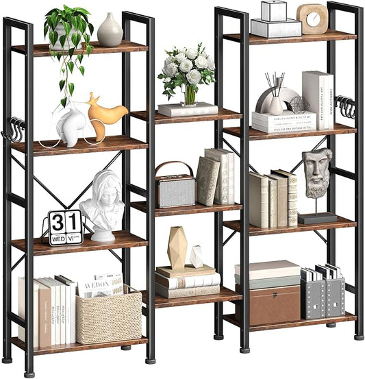 Furologee Triple 4 Tier Bookshelf, Bookcase with 11 Open Display Shelves, Large Book Shelf with 6 Hooks, Rustic Bookshelves Storage Organizer, Decorative Shelving Unit for Living Room, Home Office