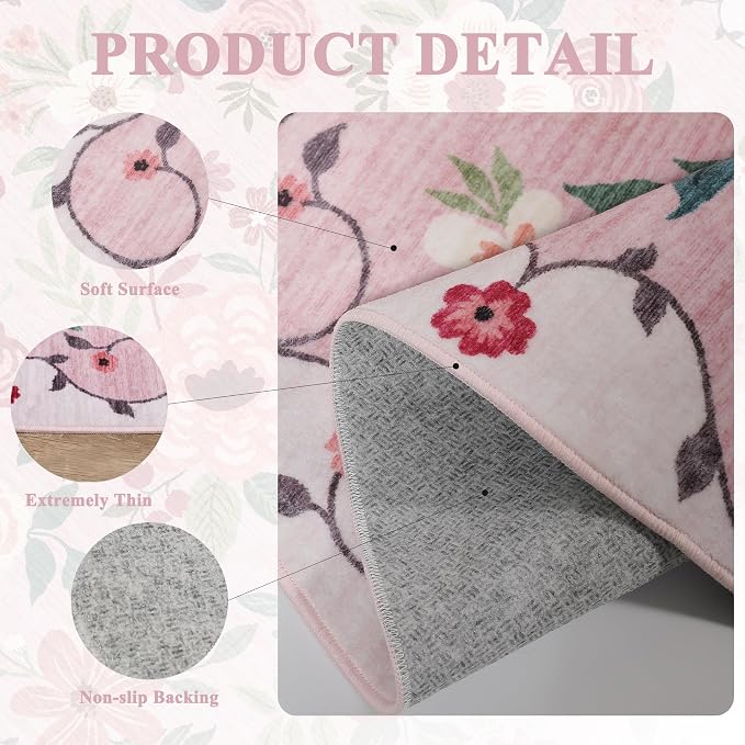 DUKINO Runner Rug for Hallway, 2.6x10 Washable Floral Long Kitchen Rug with Non Slip Backing, Lightweight & Stain Resistant Soft Runners for Indoor Entrance, Laundry, Living Room, Bedroom, Pink