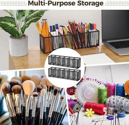 2 Pcs Metal Mesh Pen Holder, 6 Compartments Pencil Caddy, Large Capacity Desk Organizer with Anti-Slip Pads, Desktop Stationery Storage Box for Home, Office