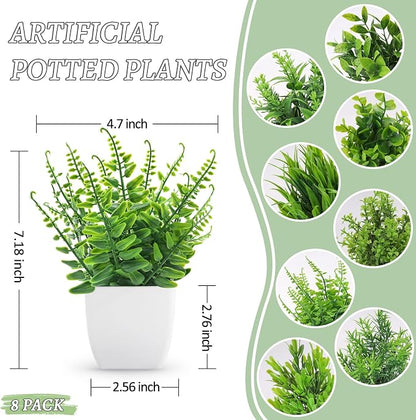 Der Rose 8 Pack Small Fake Plants in White Pots, Bathroom Home Decor Indoor | Realistic artificial plants, no-care potted plant accents, for shelf desk bathroom office bedroom kitchen and farmhouse decor