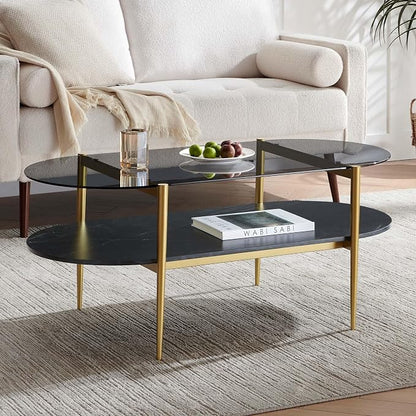 LumFurn Oval Glass Coffee Table, Mid-Century Modern Design, L41 x W21 x H17 inch, for Living Room, Grey Glass Top, Black Marble Finish Wood Shelf & Gold Finish Frame