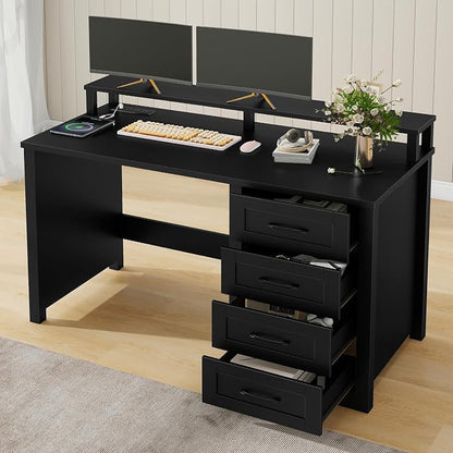 Vabches 47" Farmhouse Executive Desk with Monitor Stand and LED Lights,4 Drawers Computer Desk with Power Outlets,Large Workspace for Work Study Writing.(Pure Black)