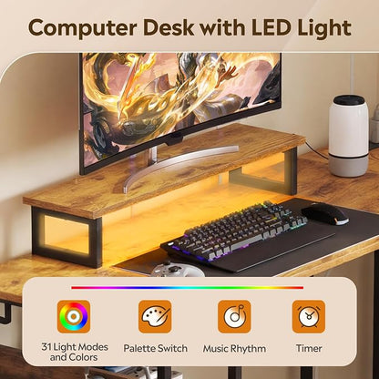 DEVAISE 55 Inch L Shaped Gaming Desk with Drawers and Storage, Corner Desk with LED Lights, Power Outlets, Computer Desk with Monitor Stand, Office Desk for Home, Rustic Brown